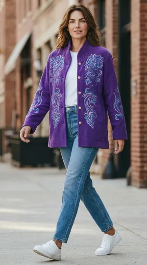 Bob Mackie Wearable Art Purple Fleece Embroidered‎ Paisley Jacket Womens Large L thumbnail 1