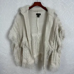 Madden NYC Womens Ruana Sweater OS Cream Open Front Fringe Cable Knit Poncho thumbnail 1