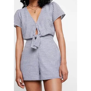 Abercrombie & Fitch Navy White Gingham Tie Front Cutout Romper XS Cotton thumbnail 3