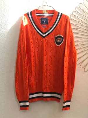 Oklahoma State University OSU Preppy Cable Knit Chunky V-Neck Sweater Collegiate Long Sleeve Orange White Sz L Measurement in pics thumbnail 1