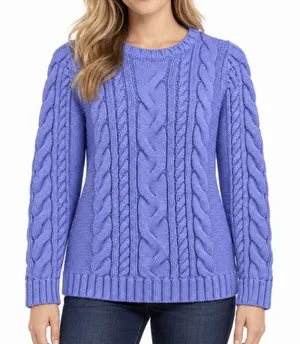 LL Bean Periwinkle Double L Mixed Cable Crew Neck Pullover Cotton Sweater XS Blue thumbnail 1