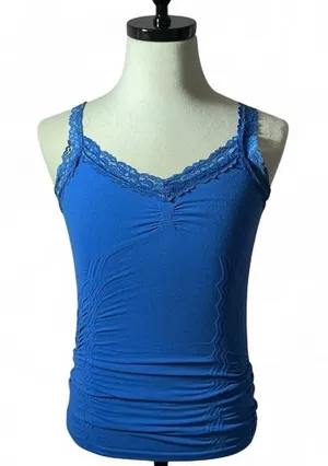 Y2K Royal Blue Lace Trim Cami Tank Top Sleeveless Ruched Shaping‎ Layering thumbnail 1