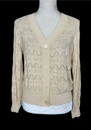 Cream Open Knit Cardigan Sweater Women’s Size S Bubble Sleeves thumbnail 1
