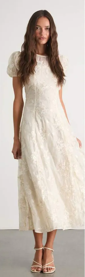 Lulus Elfrieda Cream Floral Embroidered Puff Sleeve Midi Dress Size Small Bridal thumbnail 1