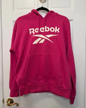 Reebok Pink White Graphic Hoodie Logo Pullover Sweatshirt‎ Size Large thumbnail 1