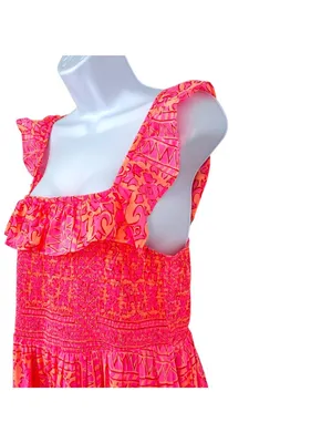 Vineyard Vines Neon Tortola Smocked Midi Dress Vibrant Pink Orange Size Medium thumbnail 3