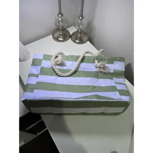 Sage Green and White Striped Canvas‎ Beach Tote Bag with Rope Handles Zip Top thumbnail 8