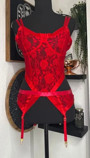 Forplay Red Lace Corset Bustier Top Garter Straps Lingerie Teddy Bodysuit Large thumbnail 1