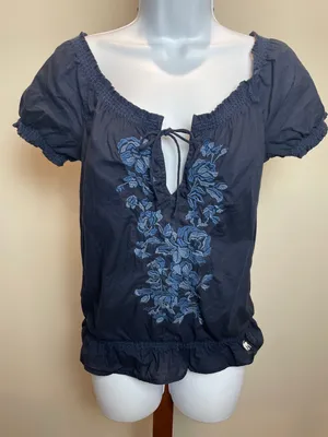 Abercrombie & Fitch Navy Off Shoulder Top Puff Sleeves Floral Embroidery S thumbnail 1