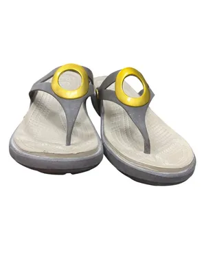Crocs wms gray faux leather gold ring peep toe sling sandals sz 9W SKU 10-278 thumbnail 10
