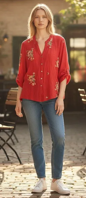 Fig and Flower Floral‎ Embroidered Roll Tab Blouse Top Medium Boho Relaxed Red thumbnail 1