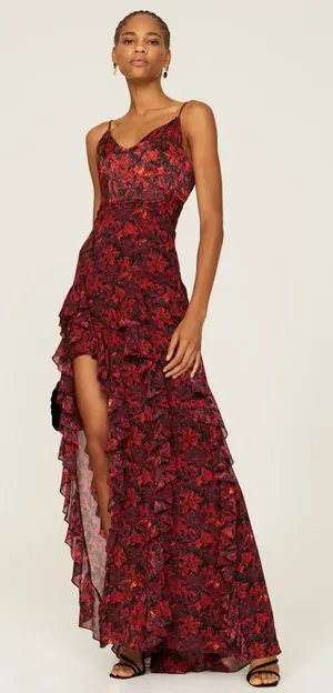 Cinq A Sept Stargazer Lilies Glenda Gown Size‎ 8 Red Floral Maxi Dress thumbnail 1