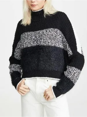 Free People Black & White Textured Turtleneck Sweater thumbnail 1