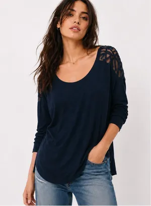 Free People Gatsby Boho Lace Scoop Neck Blue Ribbed Long Sleeve Top M Indie thumbnail 1