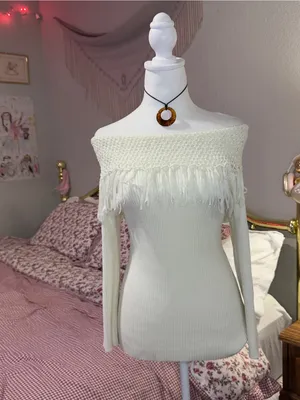 Y2K Off-Shoulder Fringe Knit Sweater - Ivory thumbnail 4