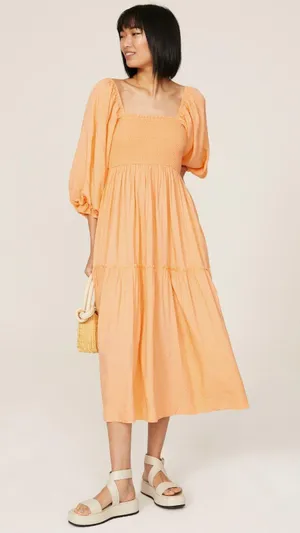 LOUNA Orange Square Neckline Puff Sleeves Chic Flowy Midi Dress size Medium thumbnail 10
