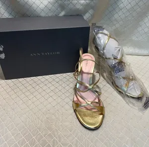 Ann Taylor Sophie Gold Leather Heels Open Toe 7.5 thumbnail 1