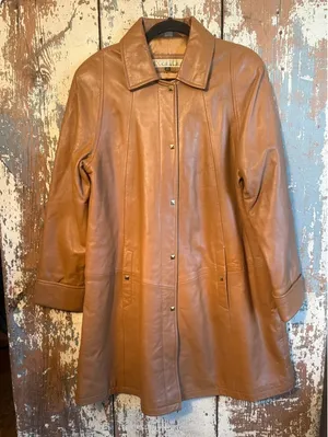 Excelled Tan Leather Coat Women's Jacket size Medium Brown thumbnail 1