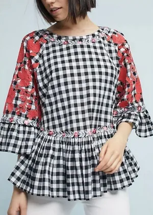 Anthropologie Pankaj & Nidhi checkered gingham embroidered floral swing blouse s thumbnail 1