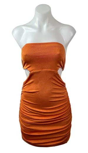 Tiger Mist Coral Strapless Tube Bandeau Cutout Tie Ruched Mini Bodycon Dress M thumbnail 1