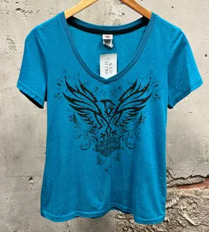Women's Blue Eagle Graphic Brass Studded Short Sleeve Biker Tee thumbnail 1