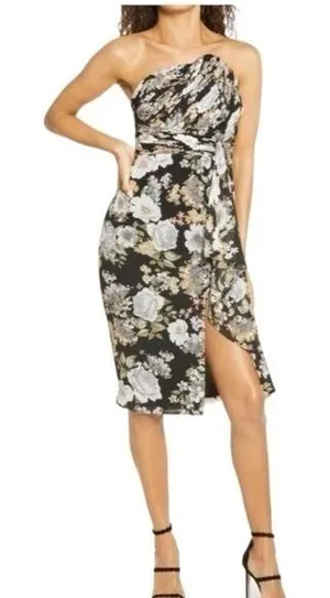LAVISH‎ ALICE Black Floral Asymmetrical Ruffle Strapless Dress Size US 8 NEW thumbnail 1