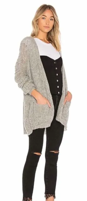 Free People Weekend Getaway Grey Ribbed Knit Alpaca Open Front Long Cardigan thumbnail 1