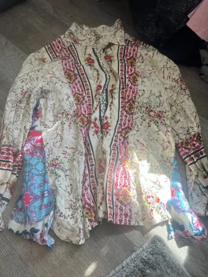 Anthropologie Cyrena Mixed Floral Print High Lo Button Down Linen Blend Top L thumbnail 3