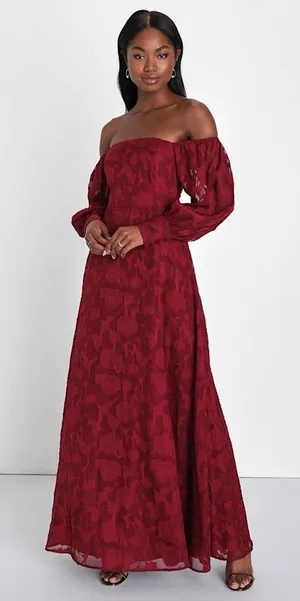 lulus Radiantly Stunning‎ Wine Red Burnout Off-the-Shoulder Maxi Dress Medium thumbnail 1