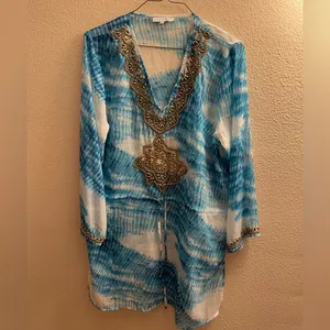 Blue Island Gorgeous Coverup/ Tops /Dress with Golden Beads Design in front & along neckline thumbnail 3