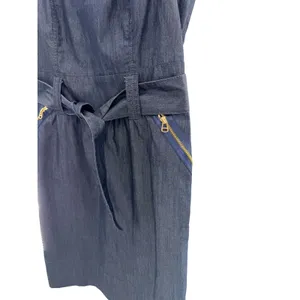 Ann Taylor Womens 12 Dark Wash Denim Belted Sheath Dress Gold Zip Pockets 228683 thumbnail 2