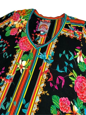 Johnny Was Women’s Size XL Black Multi Floral Bird Stripe V-Neck Tee T-Shirt thumbnail 4