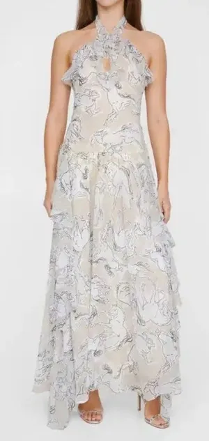 Nasty Gal Maxi Dress Hi Low Hem Halter Ruffle Hi Low Hem Horse Print Ivory 8 thumbnail 1