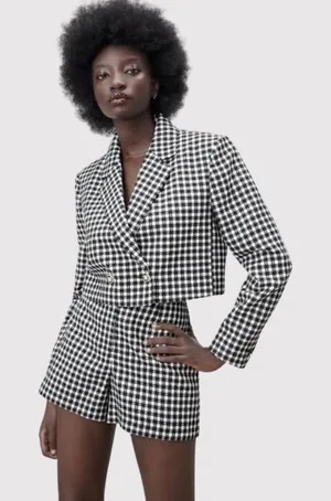 ZARA Womens Blazer Black Double Breasted Plaid Cropped Tweed Jacket Notched XS thumbnail 1