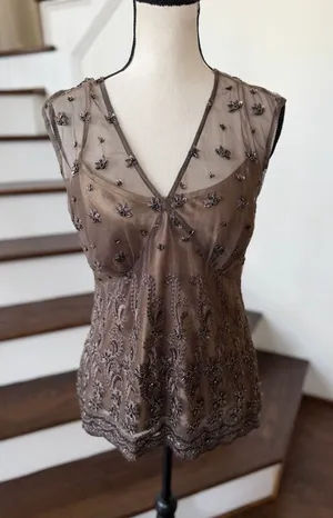 Spiegel Vintage Y2K Brown Mesh Sequin Beaded Baby Doll Top Whimsygoth Fairy Grunge thumbnail 1