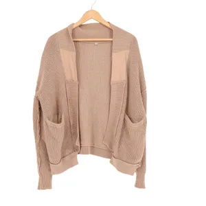 Womens Cardigan Sweater Medium Tan Chunky Knit Open Front Drop Shoulder Winter thumbnail 2