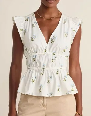 Vineyard Vines Marina Poplin Flutter-Sleeve Top White Blue Floral 2W001843 Small thumbnail 1