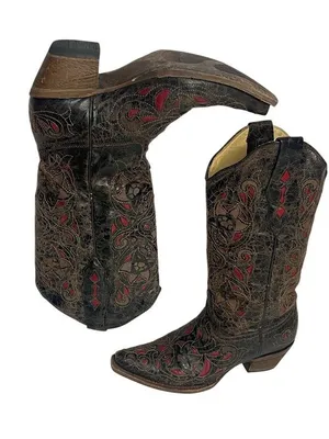 CORRAL Black Crackle Red Inlay Snip Toe Western Cowboy Boots Size 8M A1951 thumbnail 8