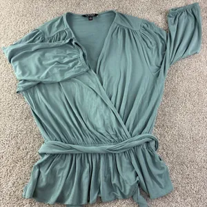 Lauren Ralph Lauren Black Label Wrap Top Womens L Teal Peplum Jersey V Neck Soft thumbnail 11