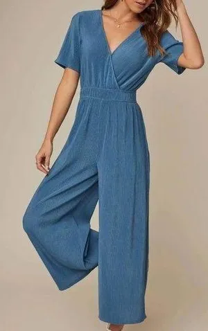THE LABEL Wrap Front Wide Leg Jumpsuit In Steel Blue M. thumbnail 1
