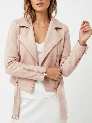 LC Lauren Conrad Faux Suede Moto Biker Jacket Rose Gold Belted Blush Pink 10 thumbnail 8
