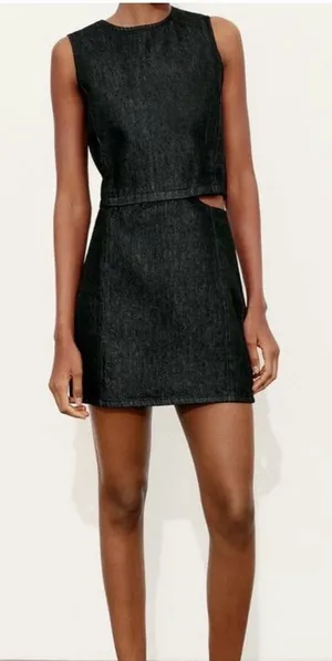 Zara Side Cut Out Black Denim Dress Size S NWT thumbnail 1