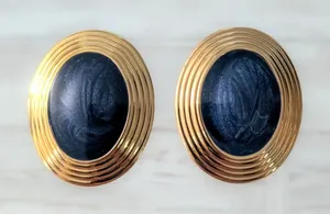 Vintage Clip On Earrings Very Large Dark Blue & Gold Tone Statement Oval 1.5" thumbnail 1