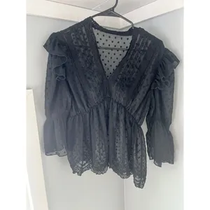 Zara‎ Black Swiss Dot Ruffled Scalopped bottom Sheer Blouse Women's Small thumbnail 2
