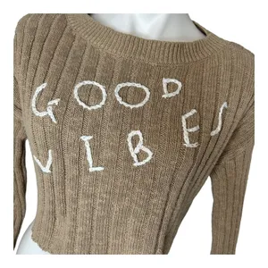 “Good Vibes” Rib Knit Crop Long Sleeve Sweater Tan Size Medium‎ thumbnail 6