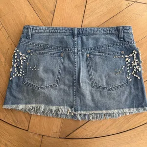 Free People Shine Bright Shine Far Medium Wash Denim Rhinestone Mini Skirt thumbnail 3
