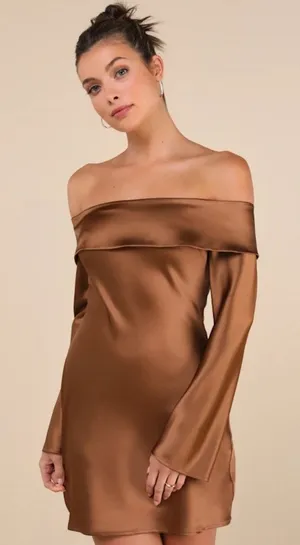NWT Lulus Luxurious Vision Brown Satin Off-the-Shoulder Mini Dress Party Size L thumbnail 1