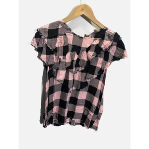 Zara Ruffle Top Women‎ XS Pink Black Buffalo Plaid Frayed Gingham Punk Grunge thumbnail 3