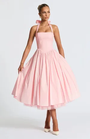 NWT Babyboo Cressida Blush Pink Halter Corset Fit & Flare Midi Dress Womens Sz L thumbnail 1