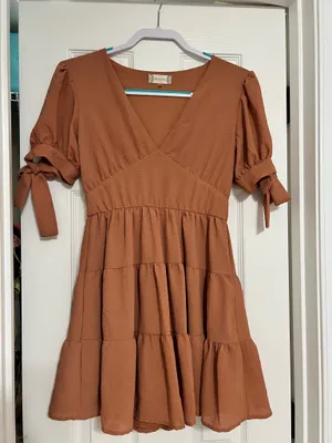 Altar’d State Rust Tiered Babydoll Mini Dress Puff Sleeve Small thumbnail 1